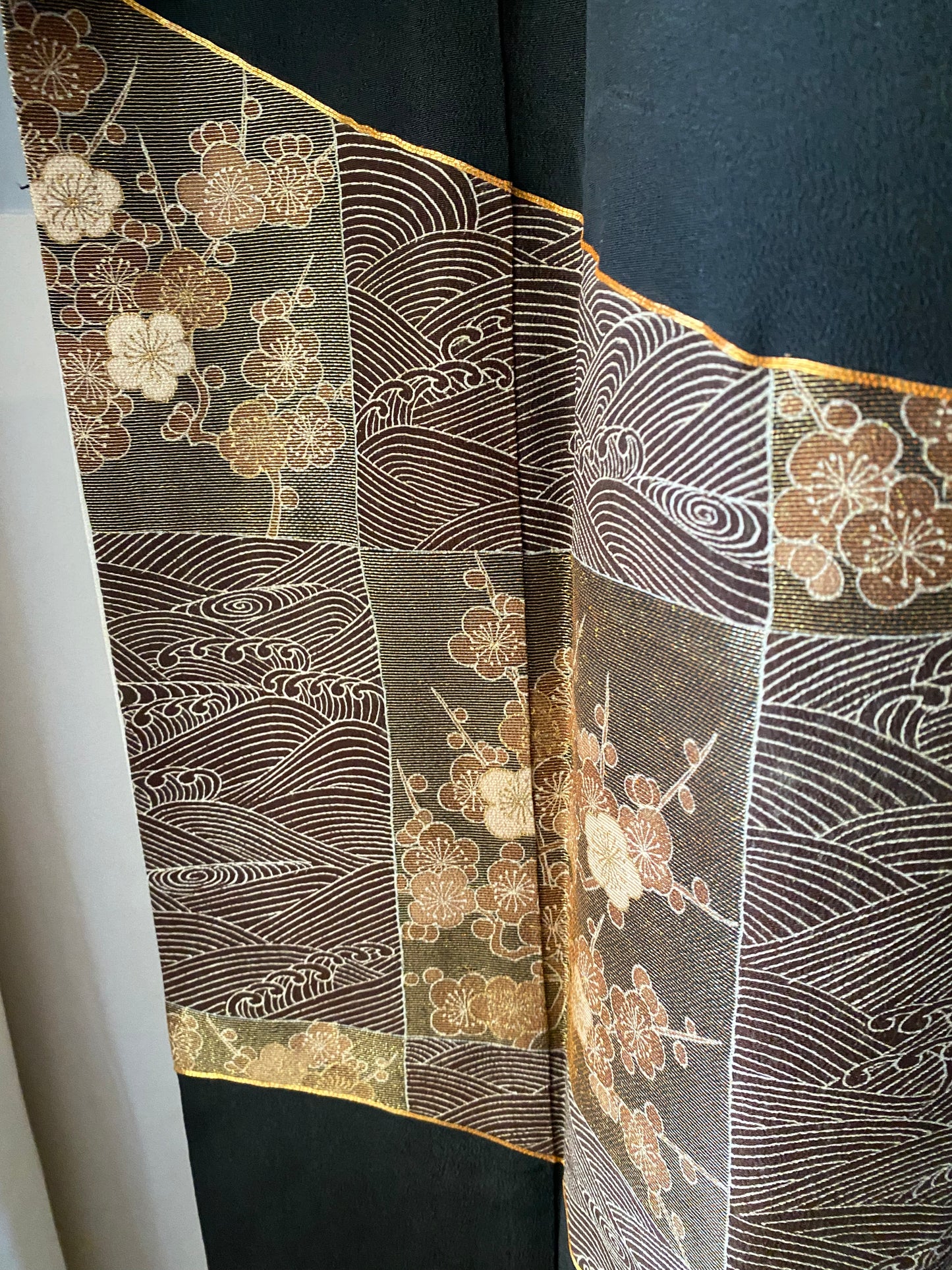 Kurotomesode – Kyo-Yuzen with Gold Leaf (Surihaku), Waves and Plum Blossoms, 1970s