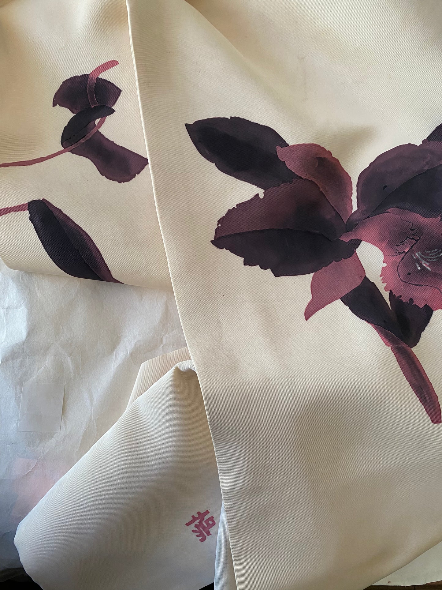 Hand-Dyed Silk Nagoya Obi with Cattleya Orchid Motif in a Painterly Japanese Aesthetic, circa 1970s