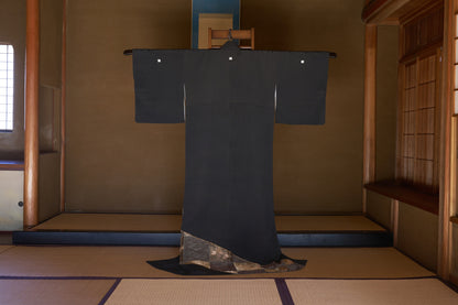 Kurotomesode – Kyo-Yuzen with Gold Leaf (Surihaku), Waves and Plum Blossoms, 1970s