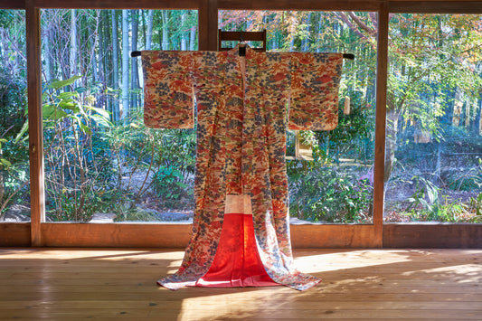 Fine silk chirimen crepe kimono with classical floral motifs.  1970s