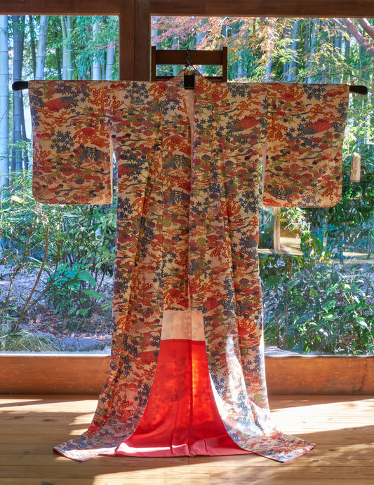 Fine silk chirimen crepe kimono with classical floral motifs.  1970s