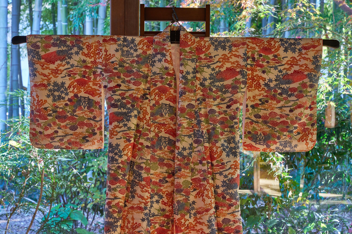 Fine silk chirimen crepe kimono with classical floral motifs.  1970s
