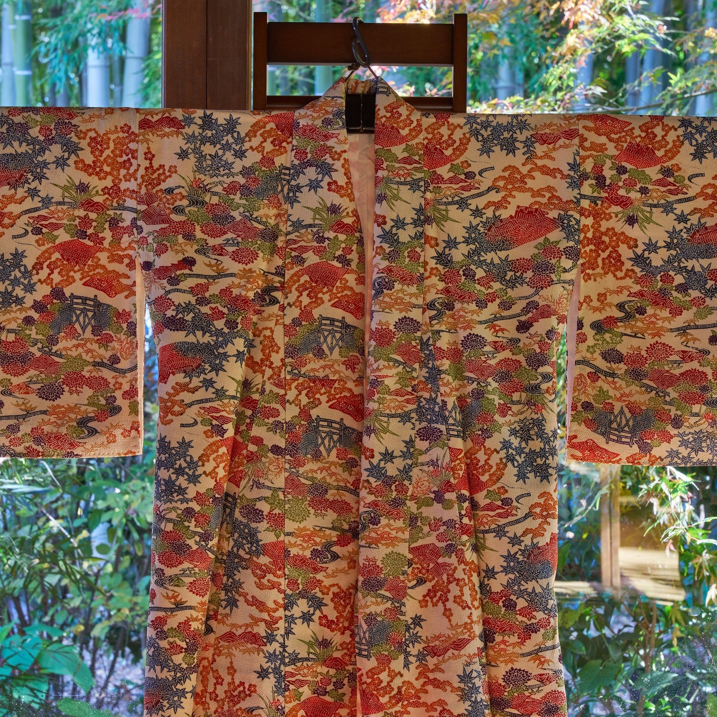 Fine silk chirimen crepe kimono with classical floral motifs.  1970s