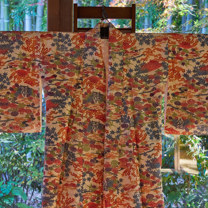 Fine silk chirimen crepe kimono with classical floral motifs.  1970s