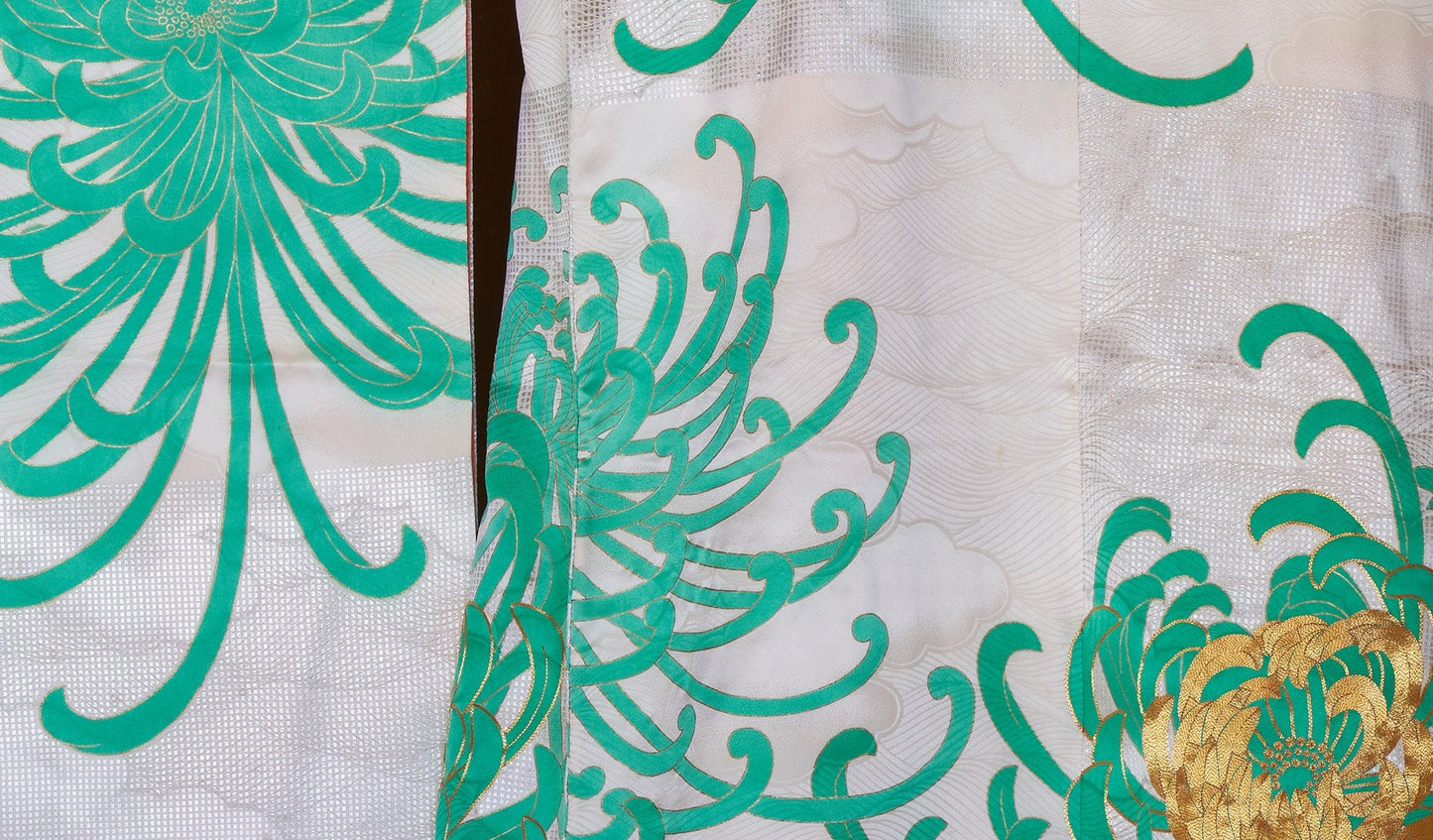 Kaga-Yuzen Furisode with Chrysanthemum Motifs on a Figured Ground Woven with Silver Foil Threads 1970s
