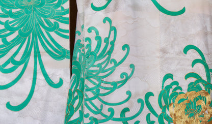 Kaga-Yuzen Furisode with Chrysanthemum Motifs on a Figured Ground Woven with Silver Foil Threads 1970s