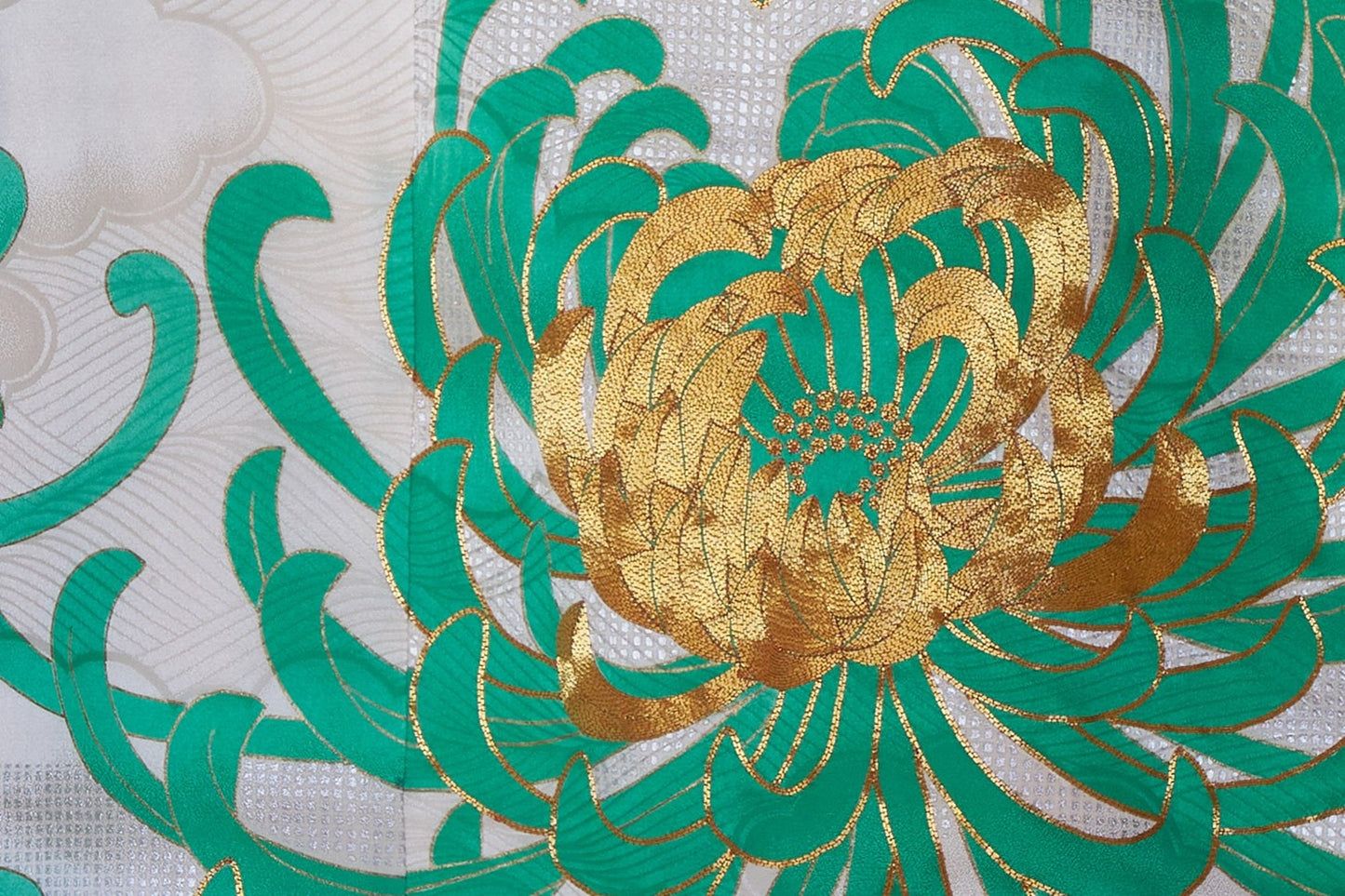 Kaga-Yuzen Furisode with Chrysanthemum Motifs on a Figured Ground Woven with Silver Foil Threads 1970s