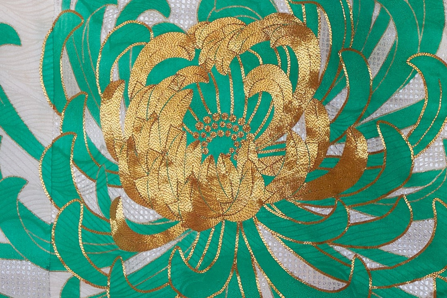 Kaga-Yuzen Furisode with Chrysanthemum Motifs on a Figured Ground Woven with Silver Foil Threads 1970s