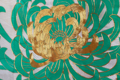 Kaga-Yuzen Furisode with Chrysanthemum Motifs on a Figured Ground Woven with Silver Foil Threads 1970s