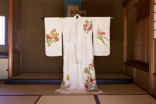 Kyo-Yuzen Silk Houmongi – Phoenix with Chrysanthemum, Plum, and Iris Motifs with Gold Leaf Accents