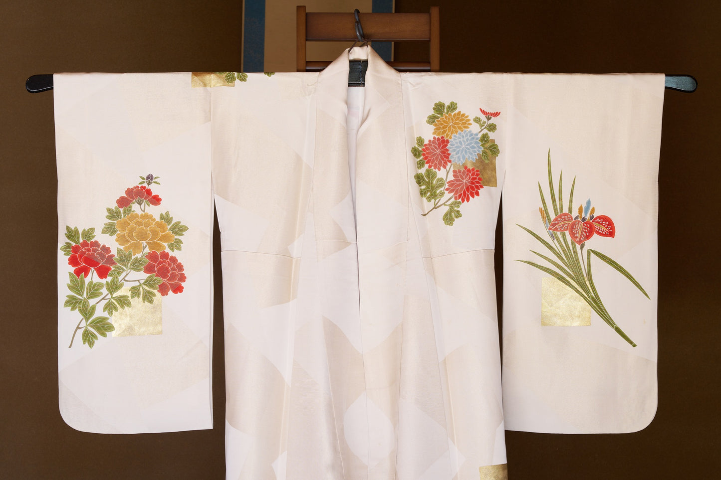 Kyo-Yuzen Silk Houmongi – Phoenix with Chrysanthemum, Plum, and Iris Motifs with Gold Leaf Accents