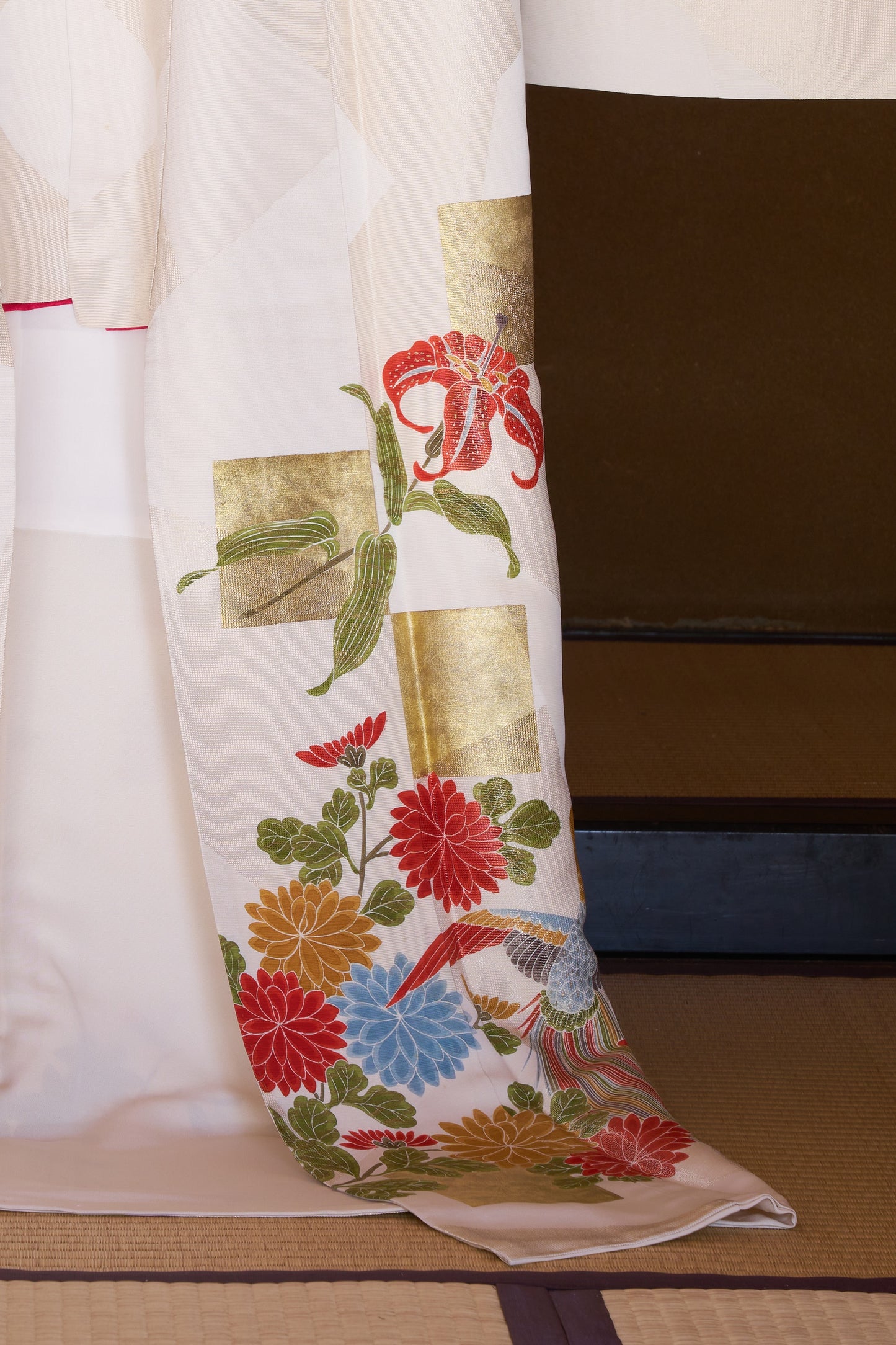 Kyo-Yuzen Silk Houmongi – Phoenix with Chrysanthemum, Plum, and Iris Motifs with Gold Leaf Accents