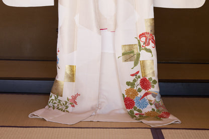 Kyo-Yuzen Silk Houmongi – Phoenix with Chrysanthemum, Plum, and Iris Motifs with Gold Leaf Accents
