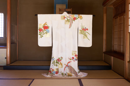 Kyo-Yuzen Silk Houmongi – Phoenix with Chrysanthemum, Plum, and Iris Motifs with Gold Leaf Accents