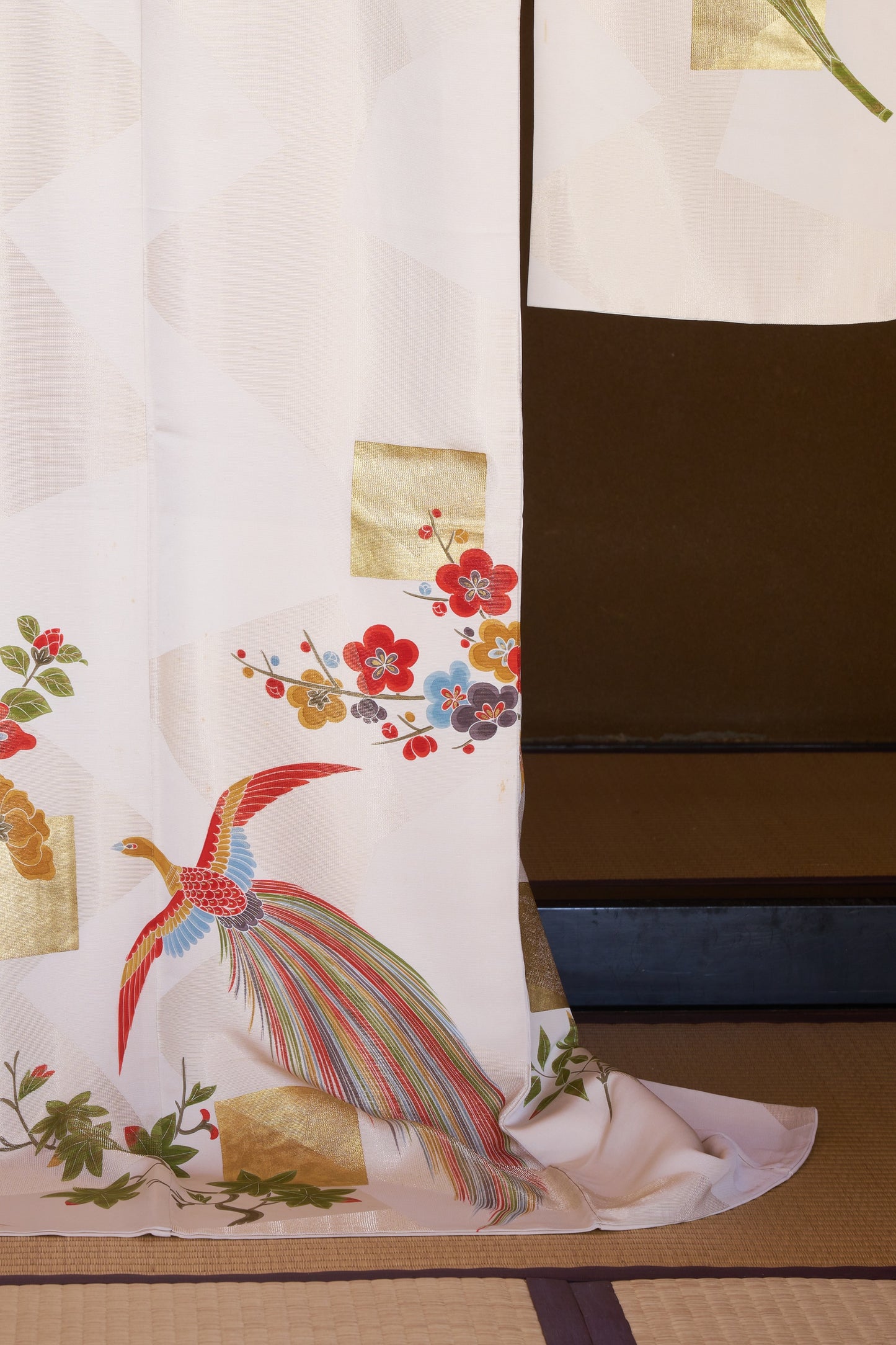 Kyo-Yuzen Silk Houmongi – Phoenix with Chrysanthemum, Plum, and Iris Motifs with Gold Leaf Accents