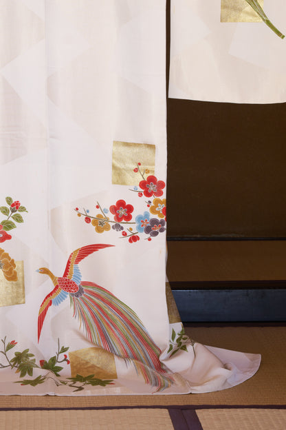 Kyo-Yuzen Silk Houmongi – Phoenix with Chrysanthemum, Plum, and Iris Motifs with Gold Leaf Accents