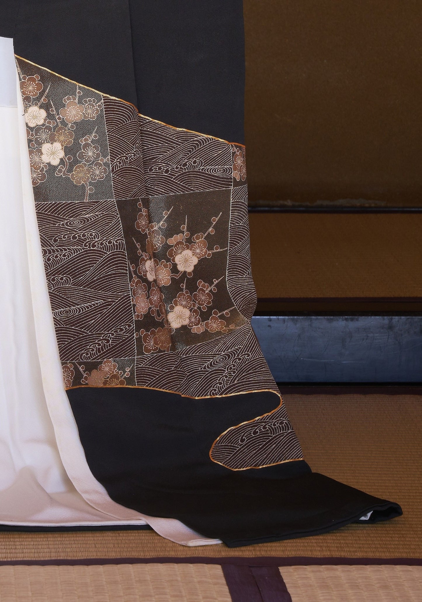 Kurotomesode – Kyo-Yuzen with Gold Leaf (Surihaku), Waves and Plum Blossoms, 1970s