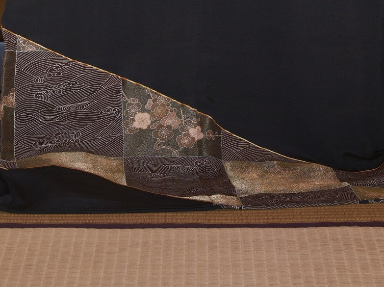 Kurotomesode – Kyo-Yuzen with Gold Leaf (Surihaku), Waves and Plum Blossoms, 1970s