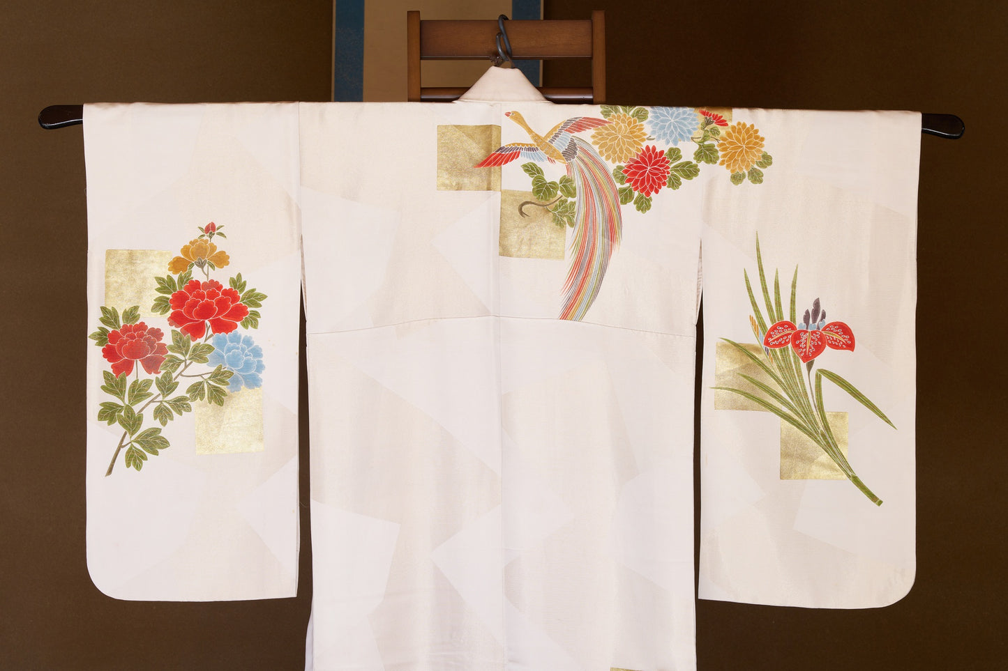 Kyo-Yuzen Silk Houmongi – Phoenix with Chrysanthemum, Plum, and Iris Motifs with Gold Leaf Accents