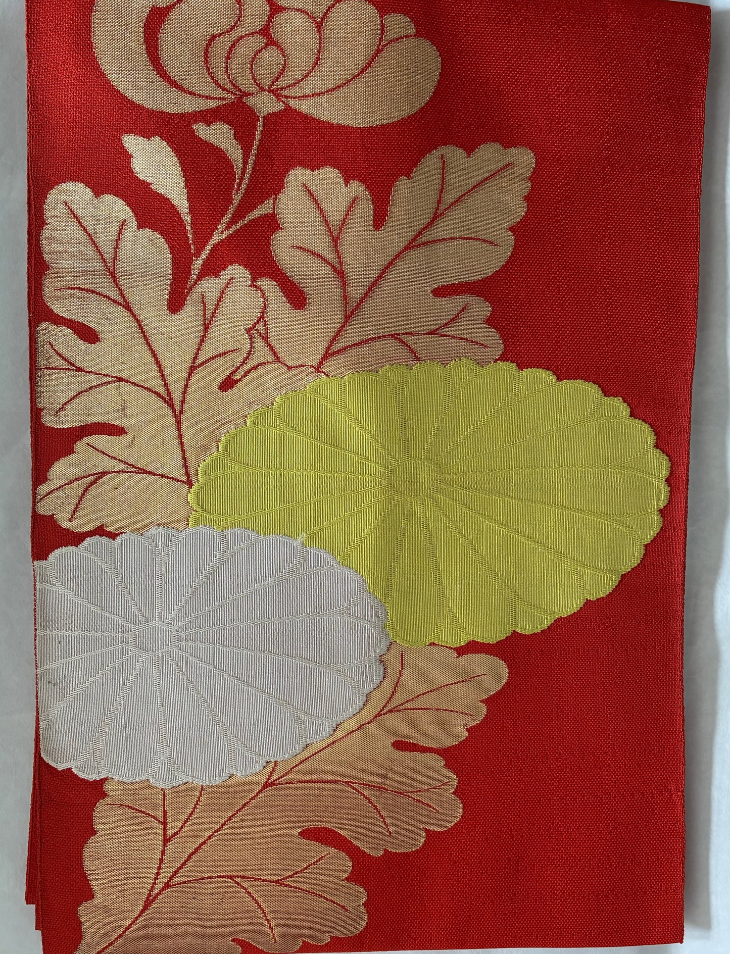 Nishijin Silk Nagoya Obi with Chrysanthemum Blossoms and Leaves on a Vermilion Ground