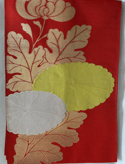 Nishijin Silk Nagoya Obi with Chrysanthemum Blossoms and Leaves on a Vermilion Ground