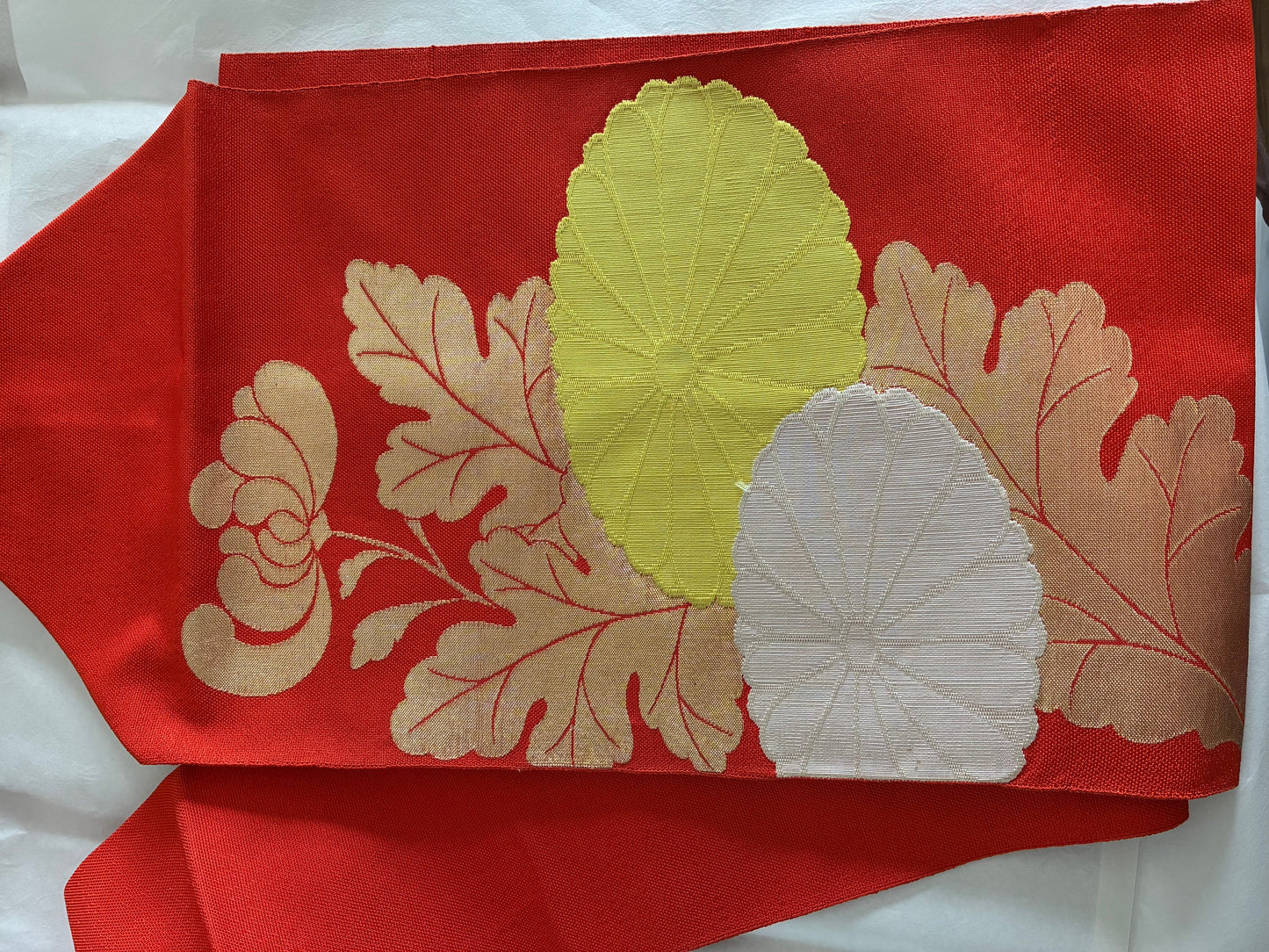 Nishijin Silk Nagoya Obi with Chrysanthemum Blossoms and Leaves on a Vermilion Ground