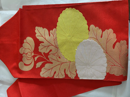 Nishijin Silk Nagoya Obi with Chrysanthemum Blossoms and Leaves on a Vermilion Ground