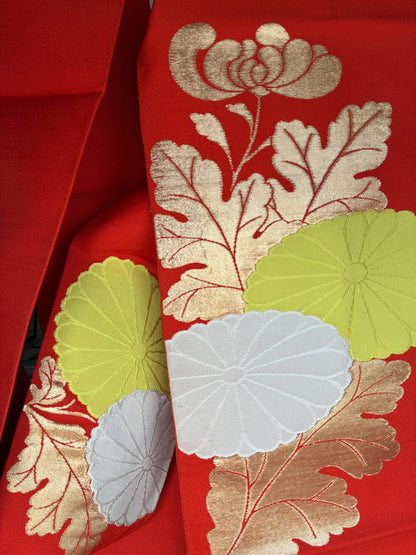 Nishijin Silk Nagoya Obi with Chrysanthemum Blossoms and Leaves on a Vermilion Ground