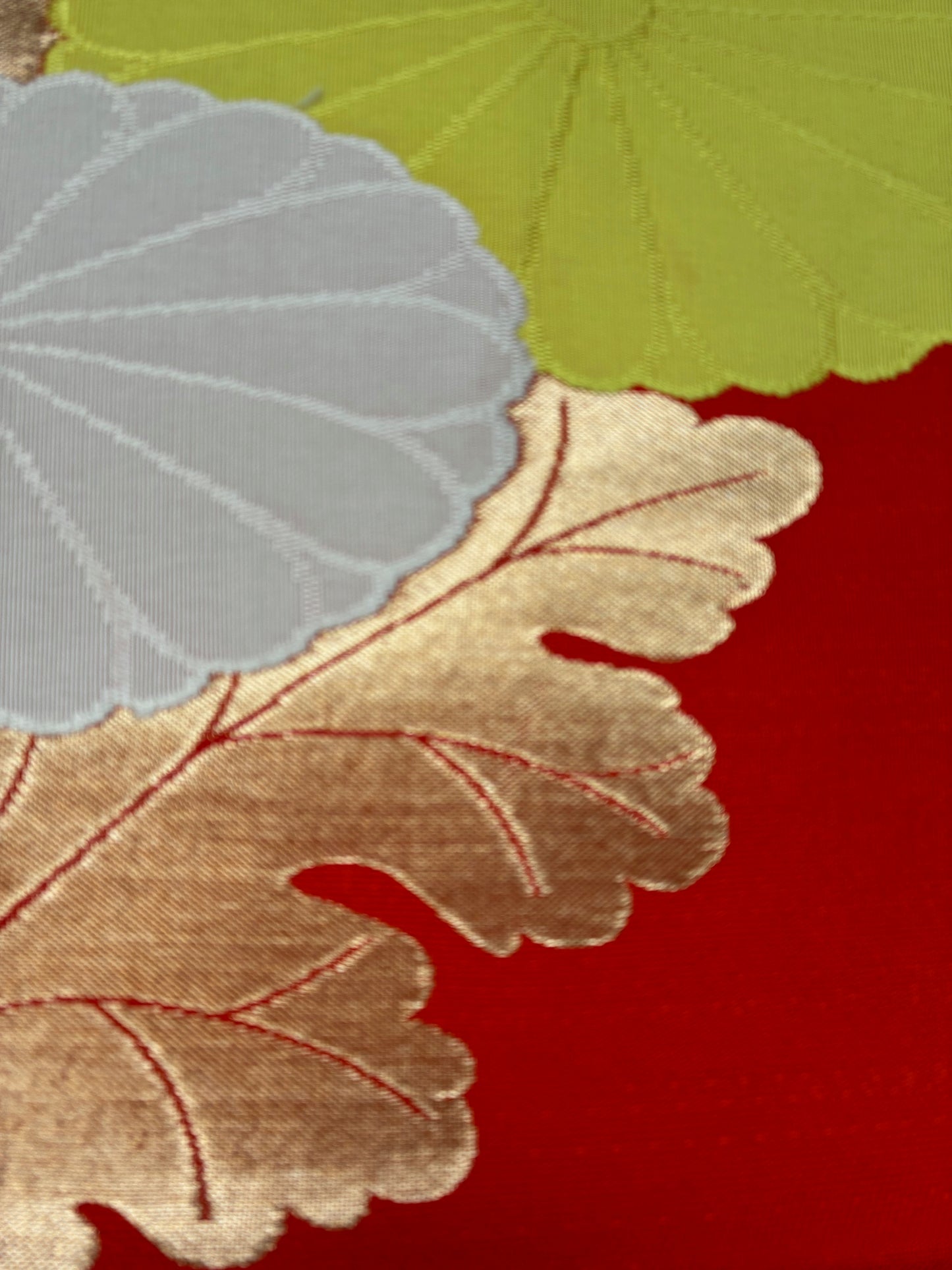 Nishijin Silk Nagoya Obi with Chrysanthemum Blossoms and Leaves on a Vermilion Ground