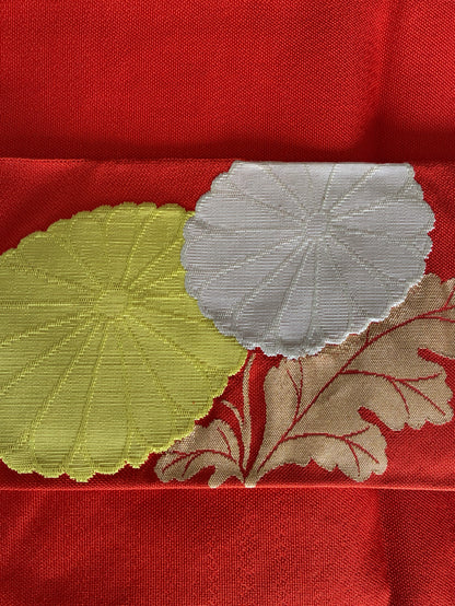 Nishijin Silk Nagoya Obi with Chrysanthemum Blossoms and Leaves on a Vermilion Ground