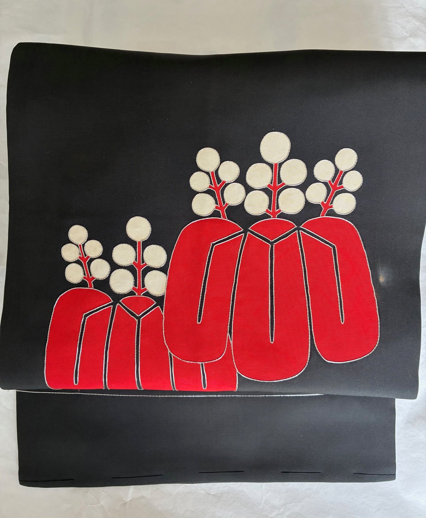 Vintage Nagoya Obi with Stylized Paulownia (Gosan-no-Kiri) Motif and Silver-Outlined Detailing