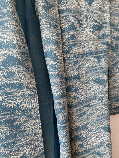 Vintage Silk Komon Kimono with Bamboo Grass Motif – Unlined (Hitoe) – Early 1970s