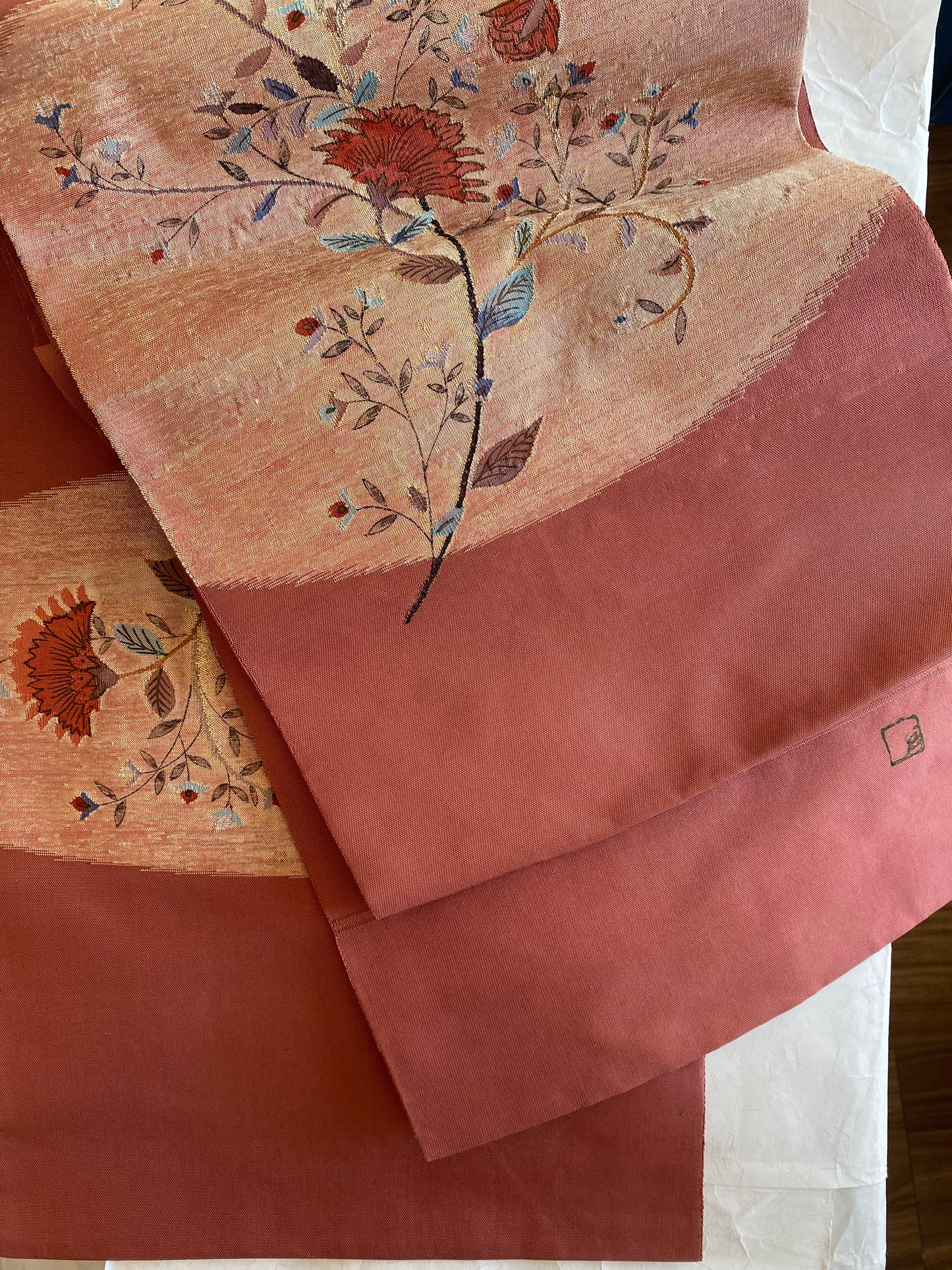 Japanese silk obi, woven in a painterly expression. with the artist's signature seal