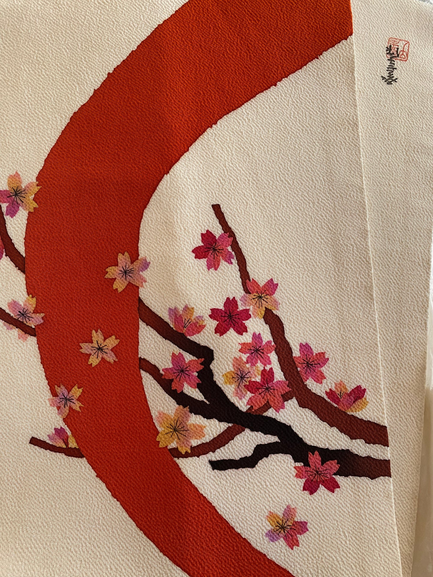 Kaga Yuzen Hand-Painted Silk Nagoya Obi – Cherry Blossoms on Crepe Silk