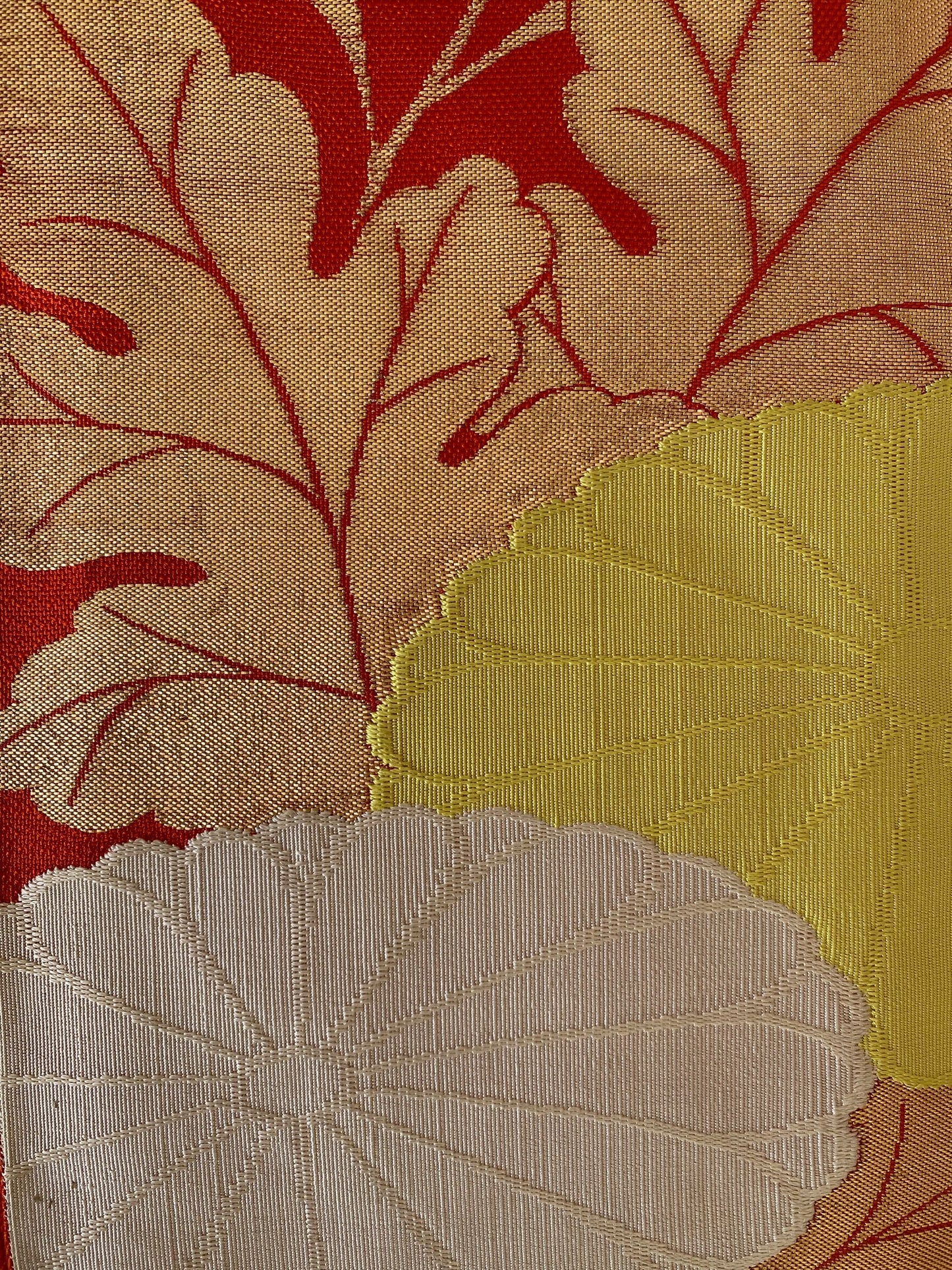 Nishijin Silk Nagoya Obi with Chrysanthemum Blossoms and Leaves on a Vermilion Ground