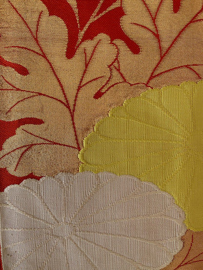 Nishijin Silk Nagoya Obi with Chrysanthemum Blossoms and Leaves on a Vermilion Ground