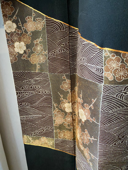 Kurotomesode – Kyo-Yuzen with Gold Leaf (Surihaku), Waves and Plum Blossoms, 1970s
