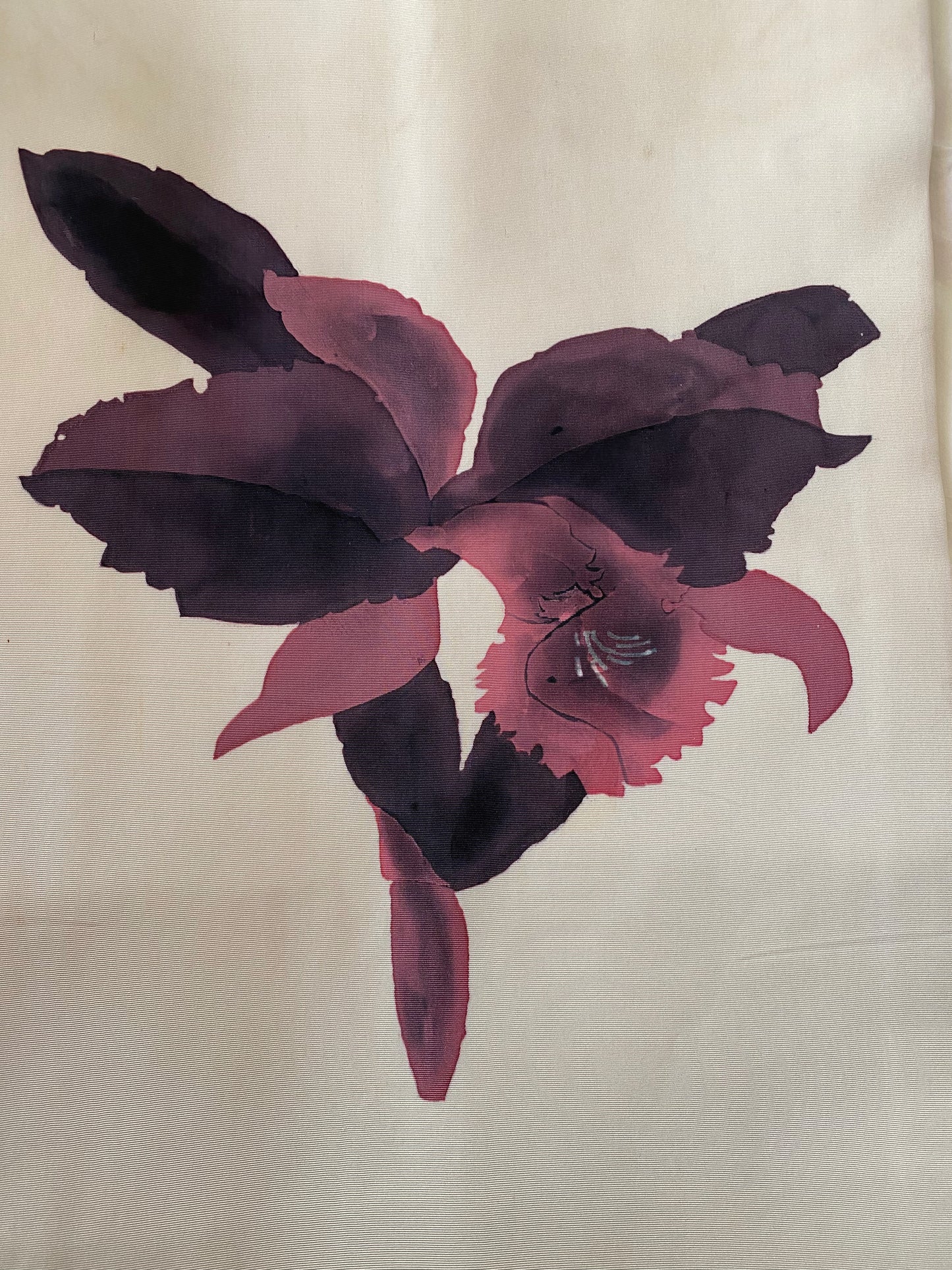 Hand-Dyed Silk Nagoya Obi with Cattleya Orchid Motif in a Painterly Japanese Aesthetic, circa 1970s