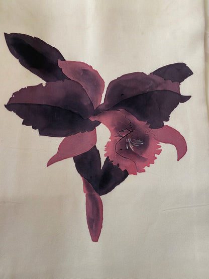 Hand-Dyed Silk Nagoya Obi with Cattleya Orchid Motif in a Painterly Japanese Aesthetic, circa 1970s