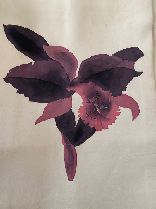 Hand-Dyed Silk Nagoya Obi with Cattleya Orchid Motif in a Painterly Japanese Aesthetic, circa 1970s
