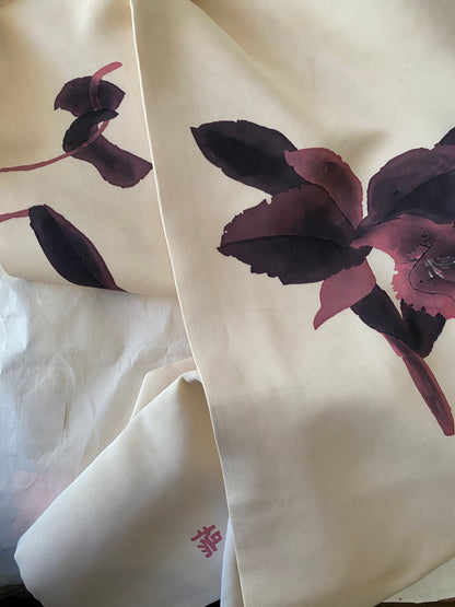Hand-Dyed Silk Nagoya Obi with Cattleya Orchid Motif in a Painterly Japanese Aesthetic, circa 1970s