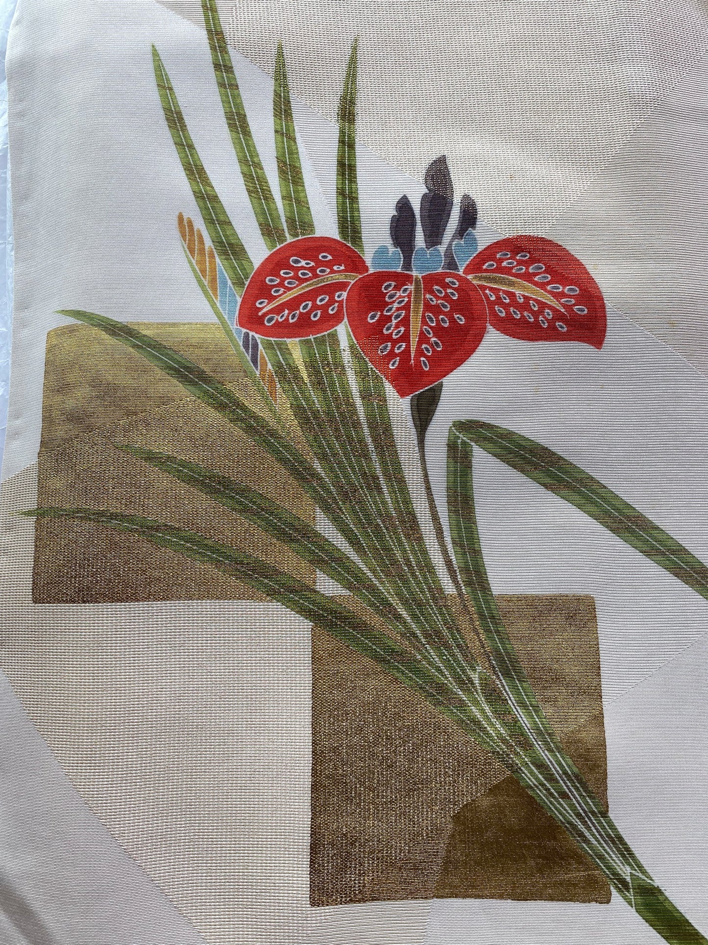 Kyo-Yuzen Silk Houmongi – Phoenix with Chrysanthemum, Plum, and Iris Motifs with Gold Leaf Accents
