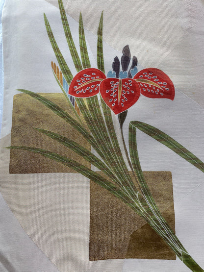 Kyo-Yuzen Silk Houmongi – Phoenix with Chrysanthemum, Plum, and Iris Motifs with Gold Leaf Accents