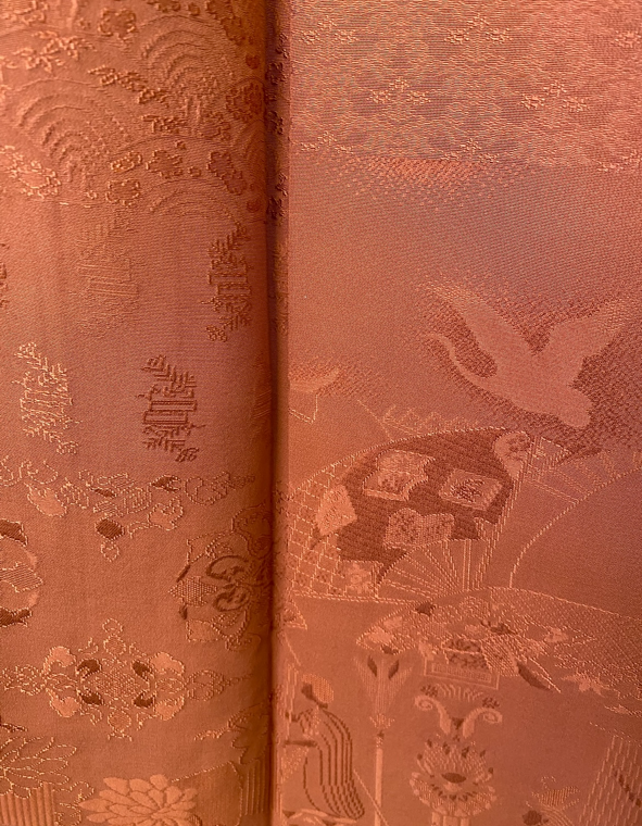 Kyoto Nishijin Rinzu Silk Michiyuki Coat with Court Landscape Motifs 1960's-1970's