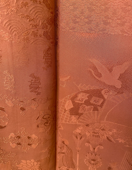 Kyoto Nishijin Rinzu Silk Michiyuki Coat with Court Landscape Motifs 1960's-1970's
