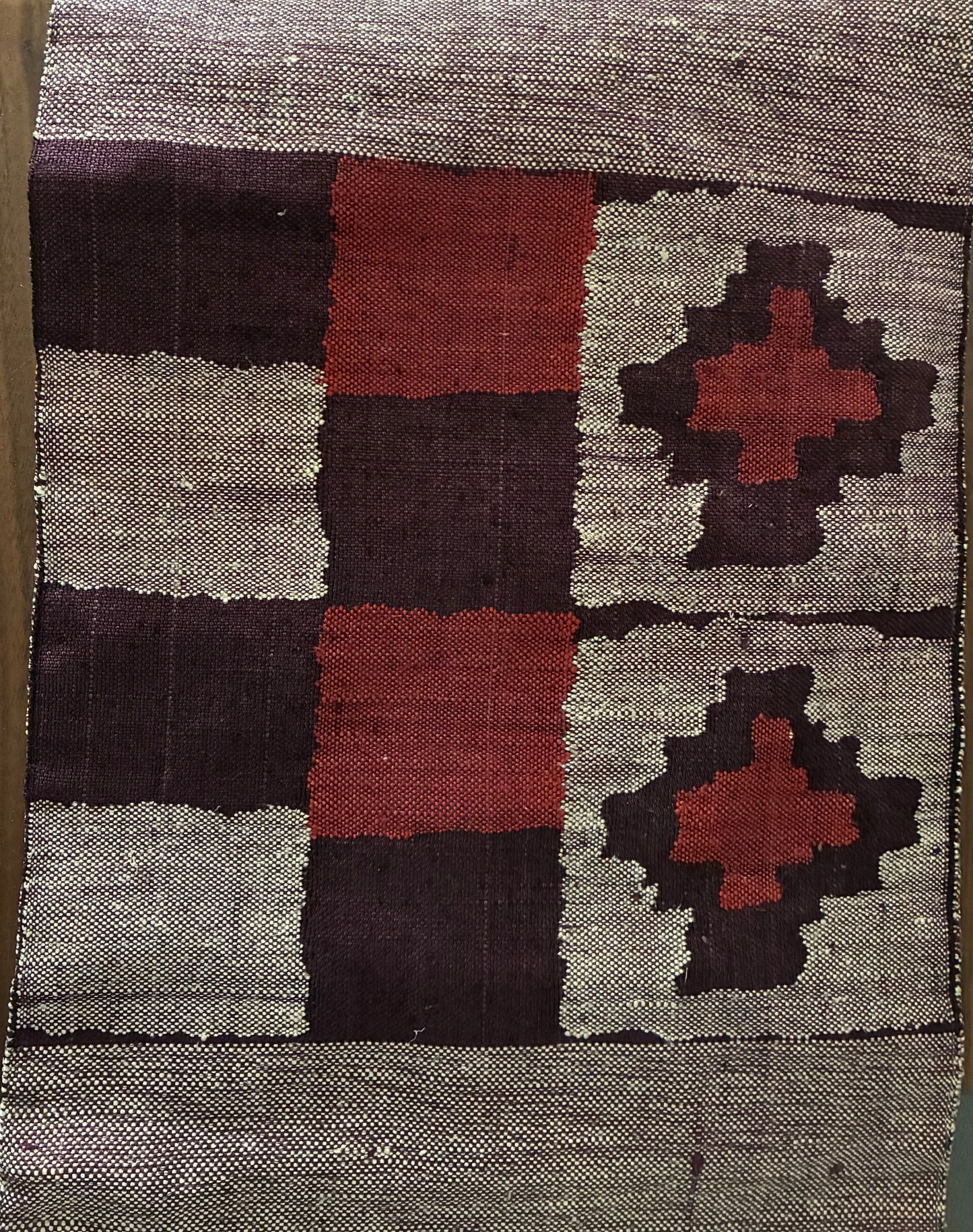 Geometric Pattern Silk Nagoya-Obi Woven with Tsumugi Threads  (c. 1965)