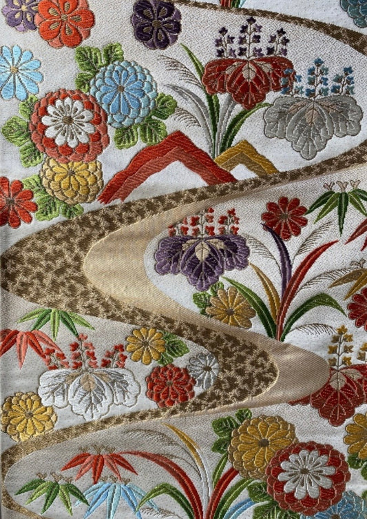 Vintage 1970s Nishijin Kinran Silk Obi with Flowing Floral Motif