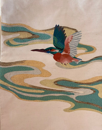 Vintage Tsuzure-ori Silk Nagoya Obi with Kingfisher and Flowing Water Design, Early 1970s
