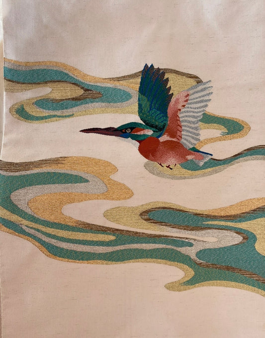 Vintage Tsuzure-ori Silk Nagoya Obi with Kingfisher and Flowing Water Design, Early 1970s