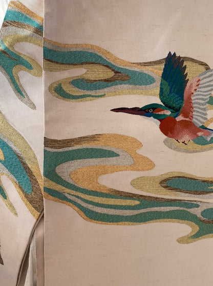Vintage Tsuzure-ori Silk Nagoya Obi with Kingfisher and Flowing Water Design, Early 1970s
